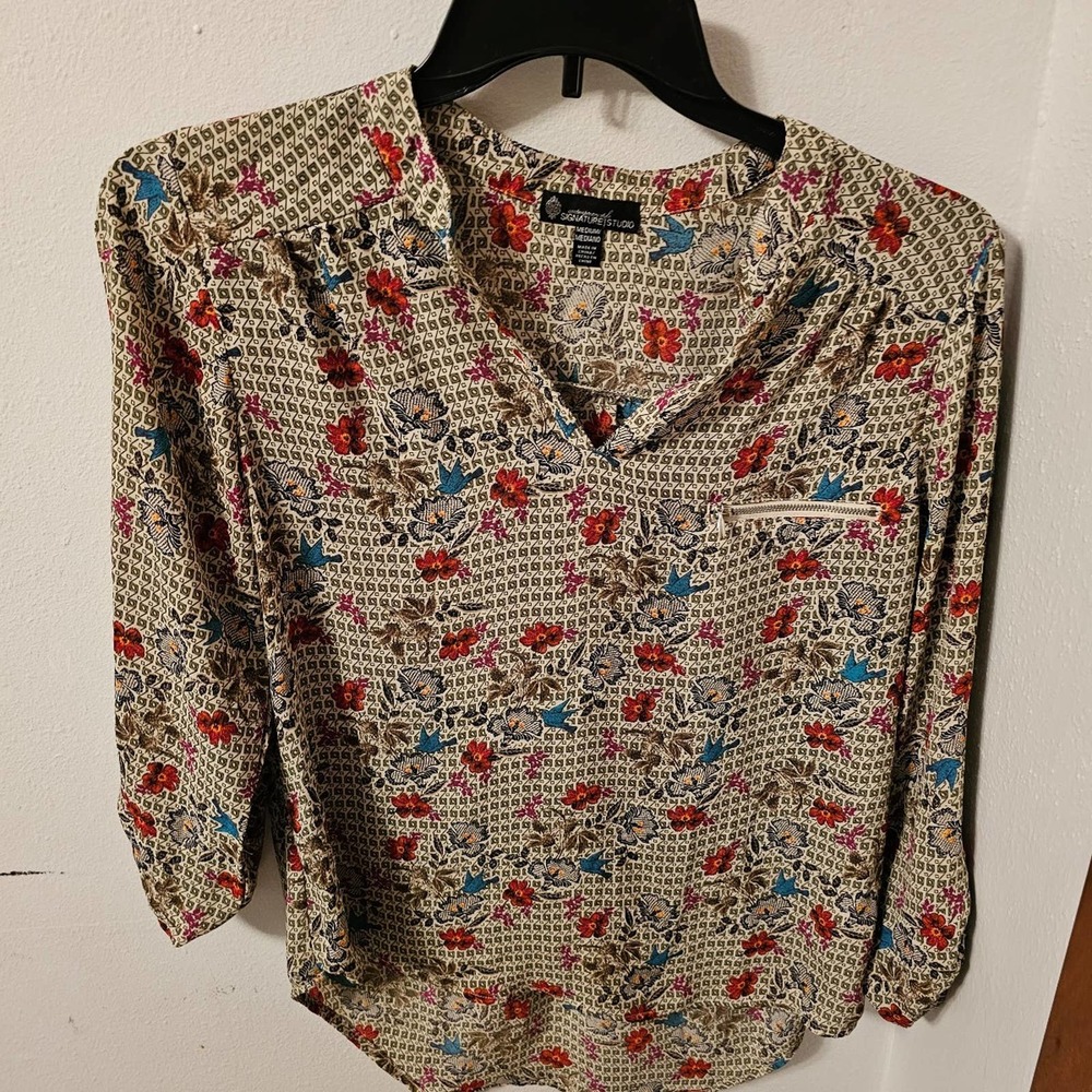 Signature Studio Womens Blouse Pink Floral Medium